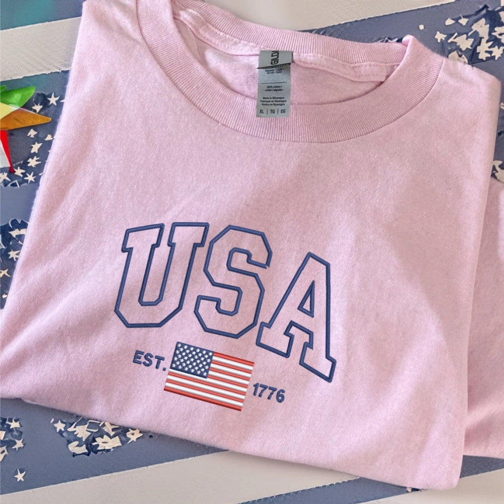 USA Embroidered Sweatshirt - 4th of July Independence Day Crewneck, Red White and Blue American Flag Sweater