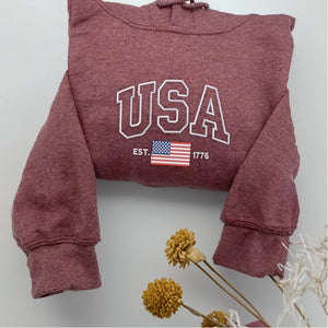 USA Embroidered Sweatshirt - 4th of July Independence Day Crewneck, Red White and Blue American Flag Sweater