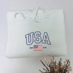 USA Embroidered Sweatshirt - 4th of July Independence Day Crewneck, Red White and Blue American Flag Sweater