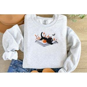 Embroidered Black Cat Halloween Sweatshirt | Fall Crewneck | Cozy Cat Sweater for Book Lovers