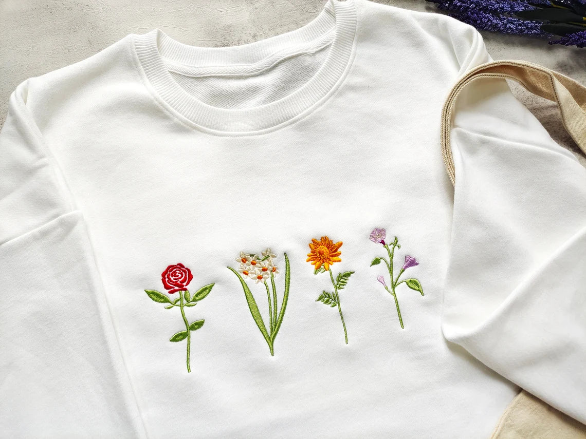 Custom Embroidered Birth Month Birth Flower Sweatshirt, Embroidered Birth Flower Sweatshirt, Cute Birth Month Flower Crewneck, Gift For Her