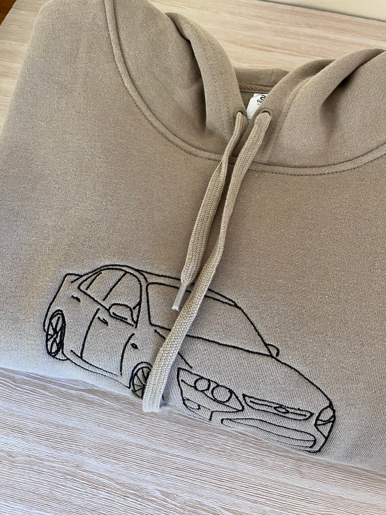 Custom Car Embroidered Sweatshirt - Personalized Minimalist Line Art - Vintage Car Photo to Embroidery Hoodie - Anniversary Gifts for Men