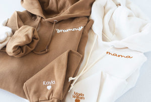 Custom Embroidered Hoodie with Collar and Sleeve - Personalized Mom, Mama, Grandmother Hoodie with Kids' Names