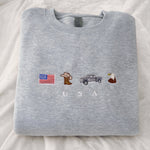 USA Embroidery Sweatshirt - American Flag Crewneck with Patriotic Cowboy Theme for July 4th