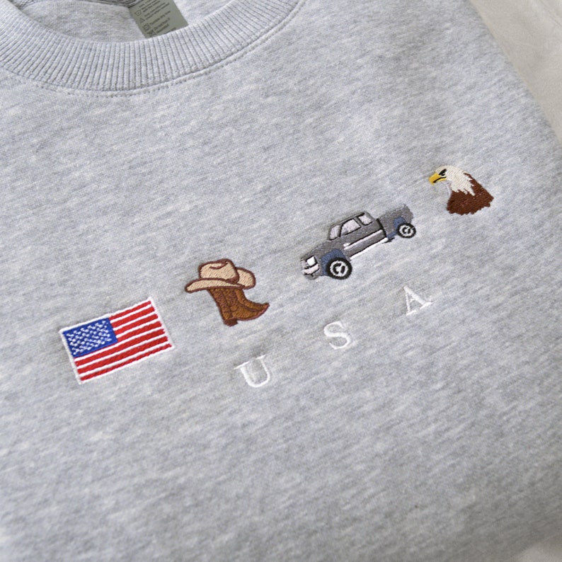 USA Embroidery Sweatshirt - American Flag Crewneck with Patriotic Cowboy Theme for July 4th