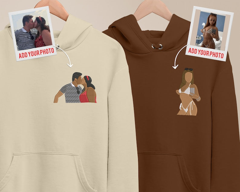 Custom Embroidered Hoodie with Portrait Sketch - Memorial Drawing Sweatshirt - Personalized Anniversary Gift for Couples and Family Matching Tops