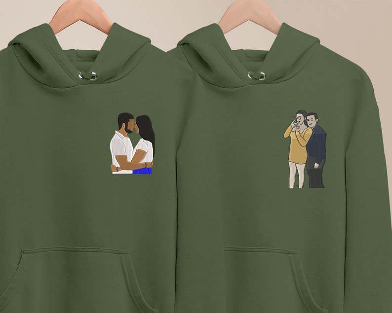 Custom Embroidered Hoodie with Portrait Sketch - Memorial Drawing Sweatshirt - Personalized Anniversary Gift for Couples and Family Matching Tops