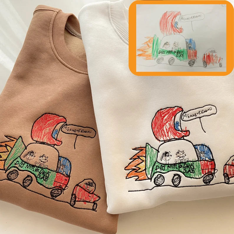 EMBROIDERED Custom Kids Photo Drawing Hoodie Sweatshirt as a Personalized Mothers Day Gift for Moms, Dads, Aunts, Sisters