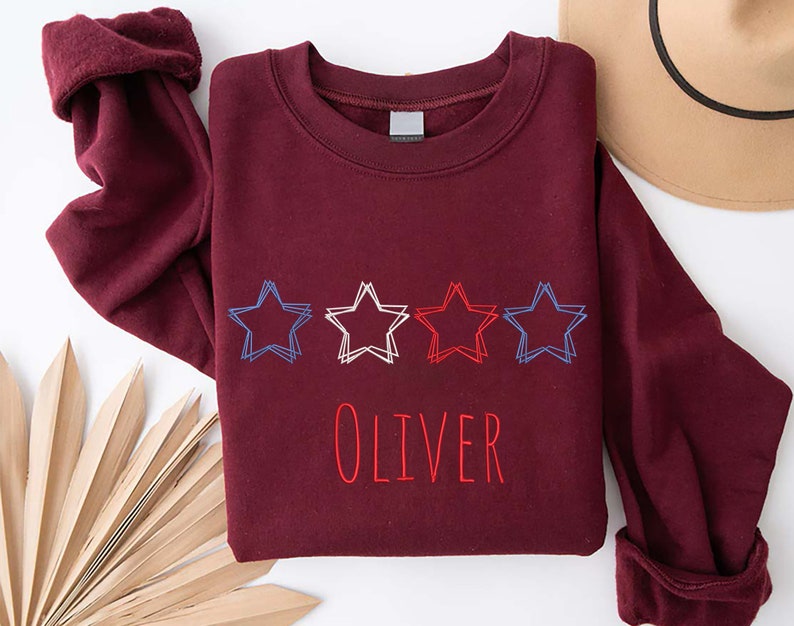 Custom 4th of July Embroidered Sweatshirt - Personalized Red, White, Blue Stars Name Embroidery Sweater, Patriotic Crewneck Gift